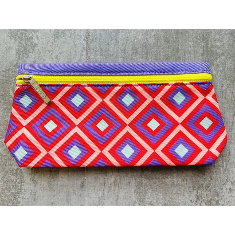 CLINIQUE Cosmetic Makeup Bag Purple Red Diamond Zipped Travel Organizer NEW
